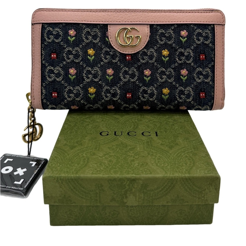 Gucci GG Floral Denim and Leather Zip Around Long Wallet